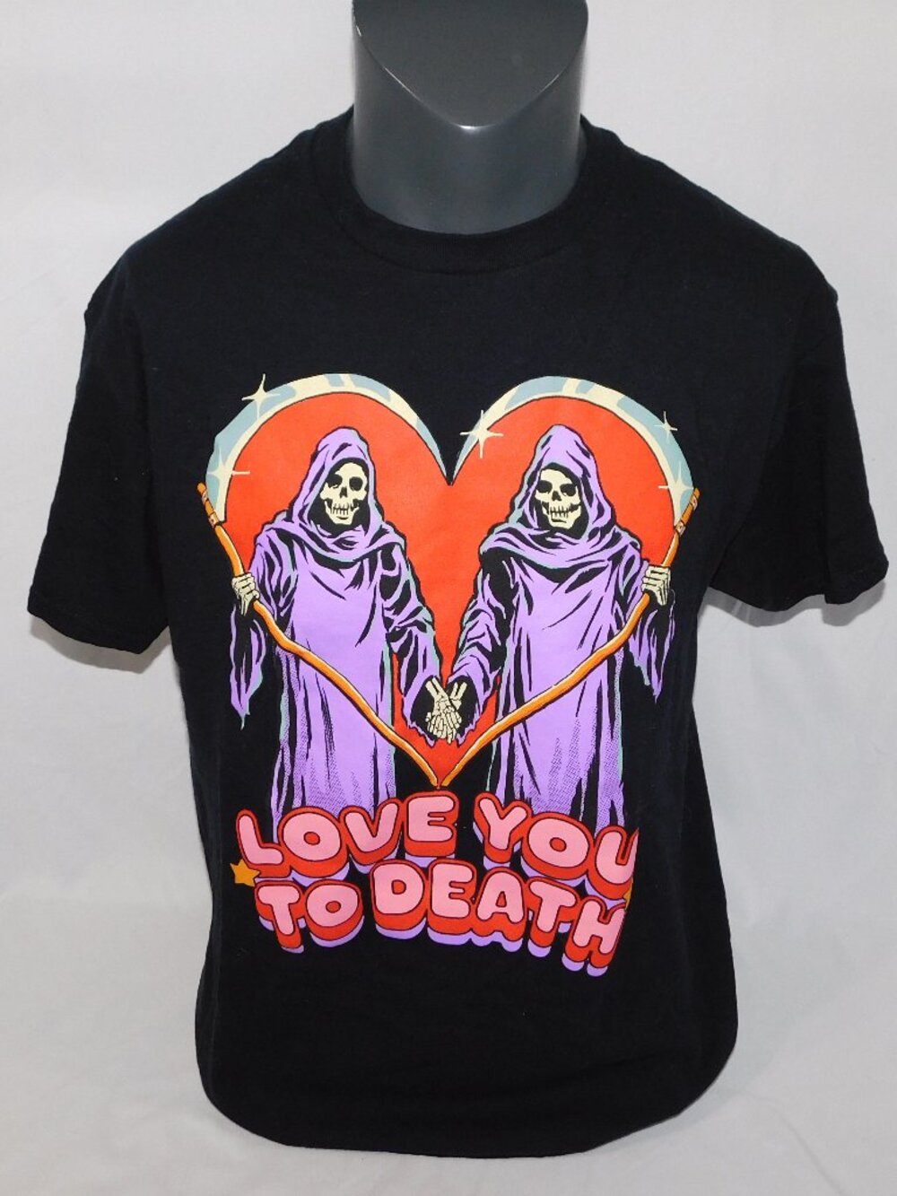 Steven Rhodes Love You to Death Grim Reaper Heart Black Grahpic T Shirt Mens L